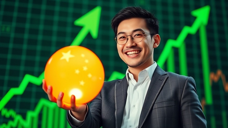 Businessman with glowing China's flag sphere, rising chart backdrop.