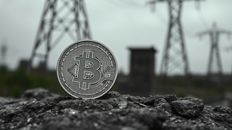 Silver Bitcoin coin on rock with power lines in background representing sustainable bitcoin mining.