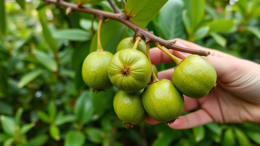 Close-up of Haematocarpus validus fruits held on a branch, sustainable agriculture