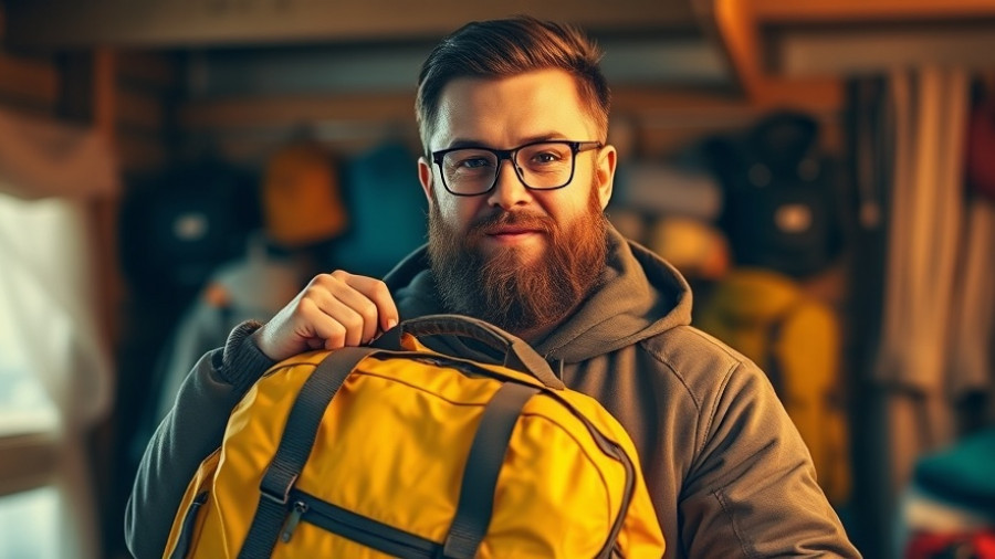 Bearded man showcasing best camping gear for beginners.