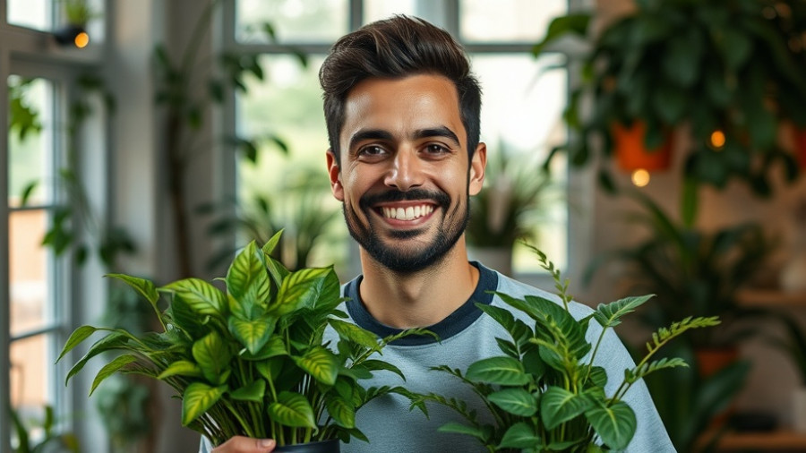 Smiling man discusses cost of growing food indoors with plants.