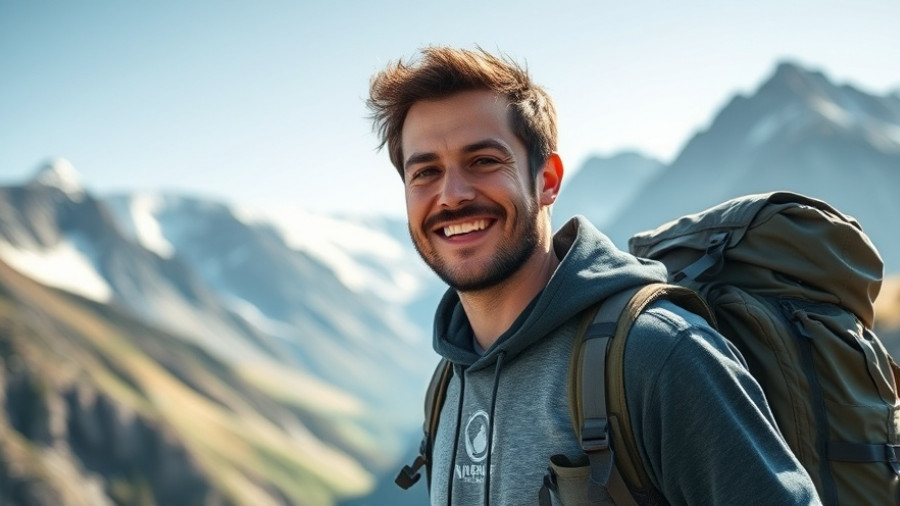 Man with hiking gear contemplating a backpacking route in mountains.