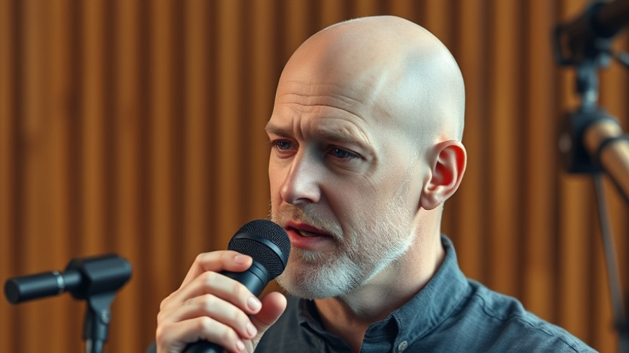 Bald male speaker discussing content marketing with a microphone.