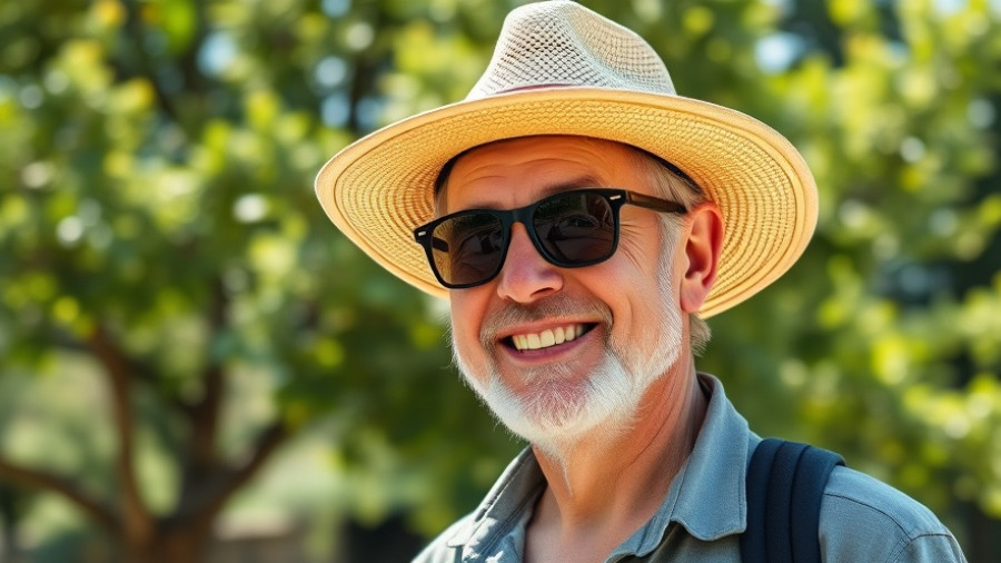 Man smiling outdoors in sunlight, wearing hat and sunglasses, discussing growing lettuce fast.