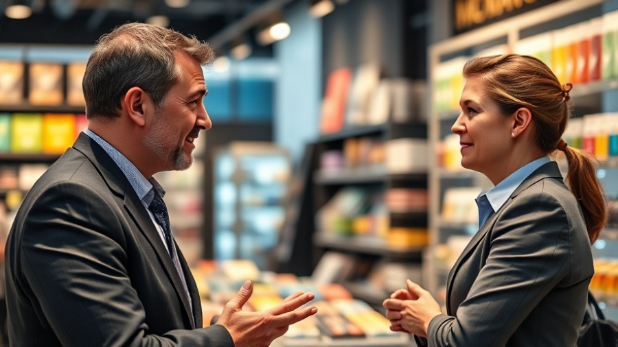 Business professionals discussing in a vibrant store setting, agentic AI in business interaction.