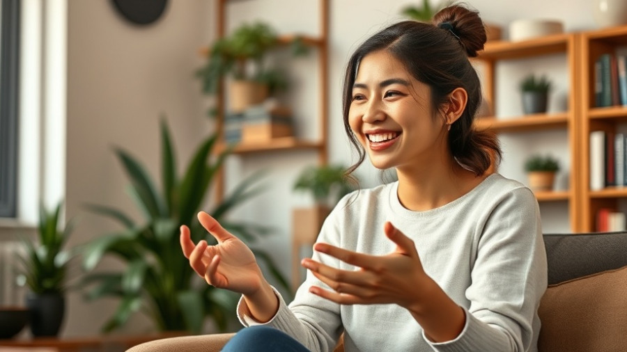Woman discussing content marketing in a cozy room with a smile.