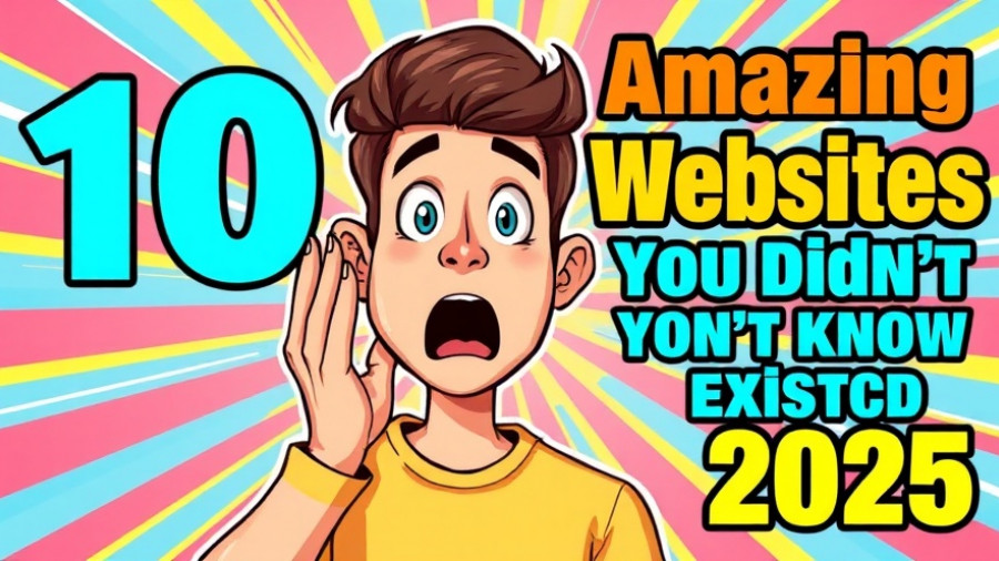 Cartoon surprised young man with text '10 Amazing Websites You Didn't Know Existed'.
