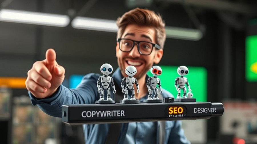 Build Your Own Claude Skills: Animated man with AI figurines labeled Copywriter, Designer, SEO.