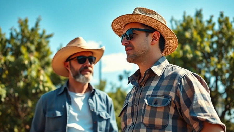 Casually dressed man discussing outdoors, ideal scene for growing lettuce for salads.