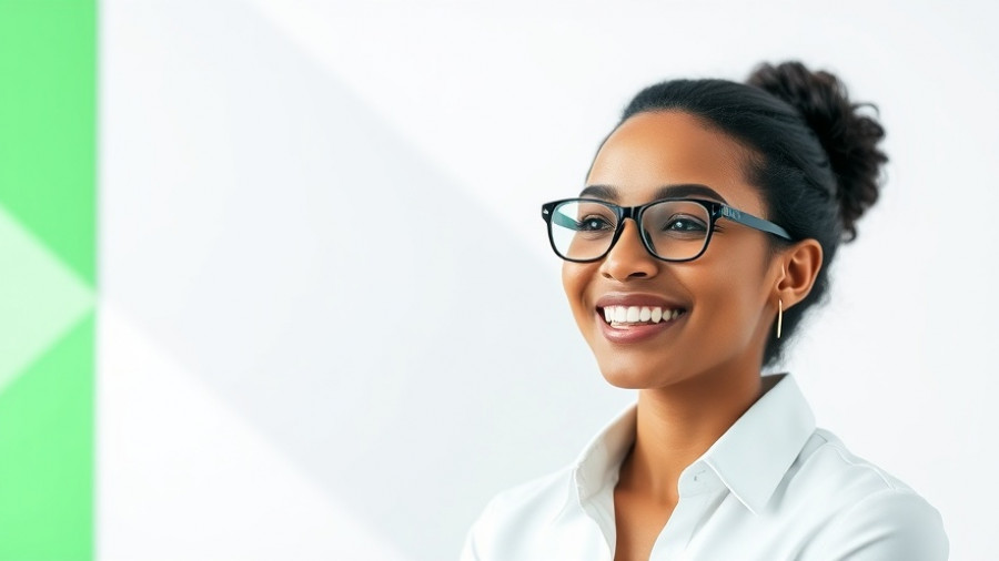 Confident woman discussing AI integration in job markets with a vibrant background.