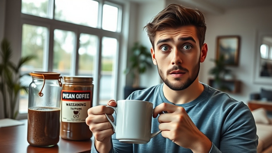 Young man considering instant coffee health benefits in bright room.