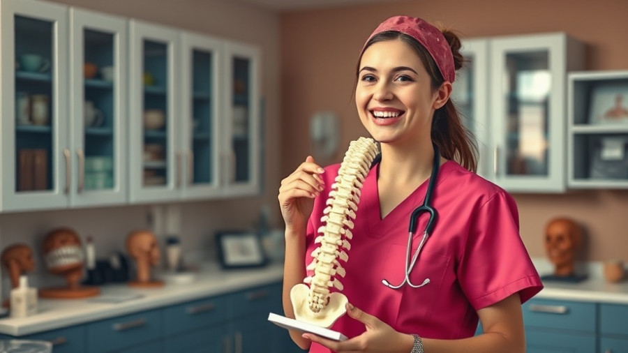Cheerful healthcare professional in pink scrubs holding a spine model, medical office setting.
