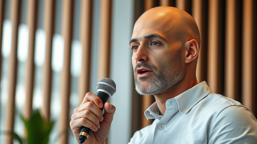 Person discussing insights, modern backdrop, microphone in hand.