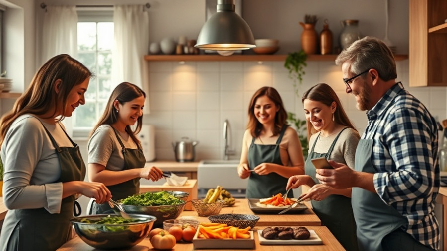 Group cooking in kitchen promoting food as hospitality.
