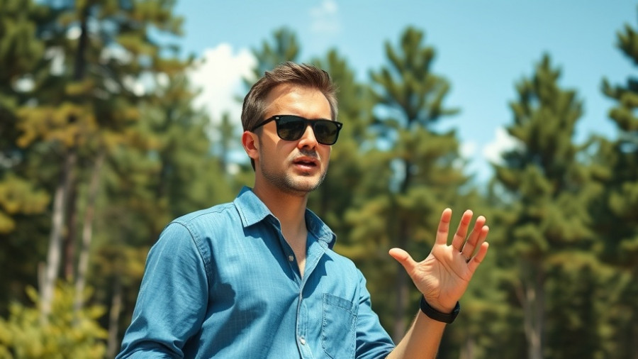 Man giving planting tips outdoors in casual attire.
