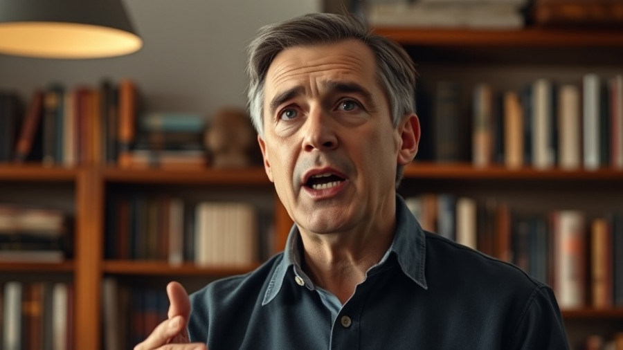 Middle-aged man discussing testosterone levels in a library setting.