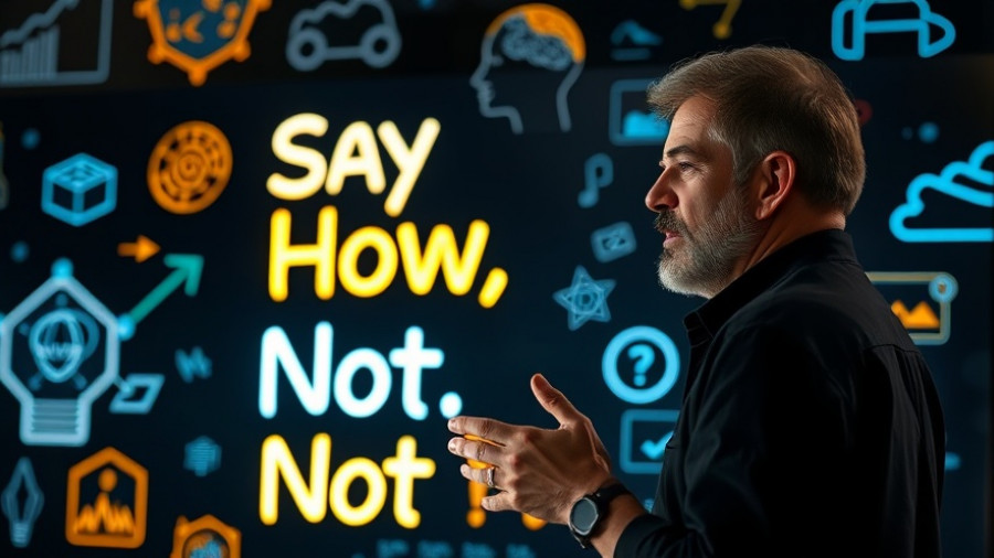 Mature man presenting idea on futuristic digital screen with neon diagrams, shadow AI