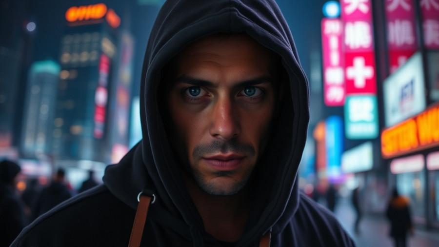 Sora 2 concept, mysterious figure in neon cityscape.