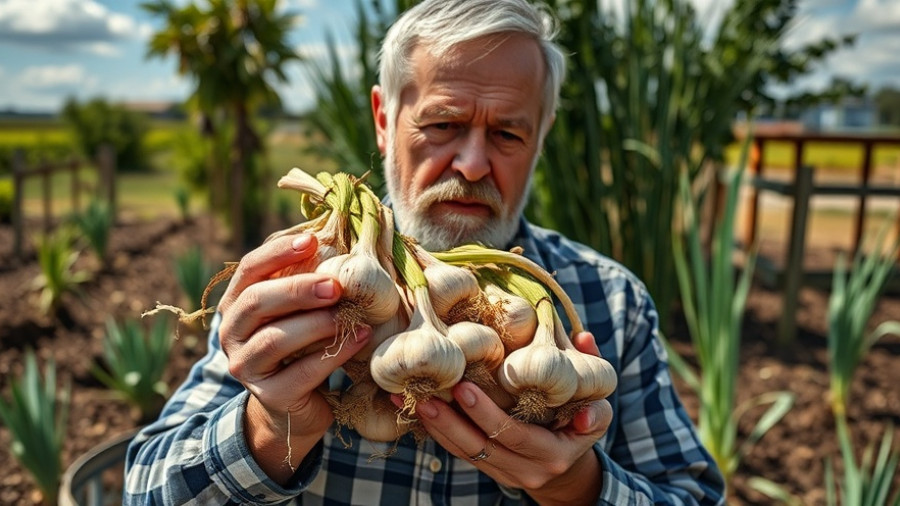 Reasons your garlic will fail: Man holding garlic bulbs outdoors.