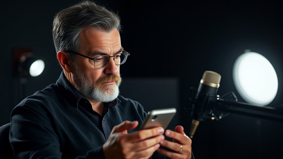 Middle-aged man in a podcast setting reviewing digital content.