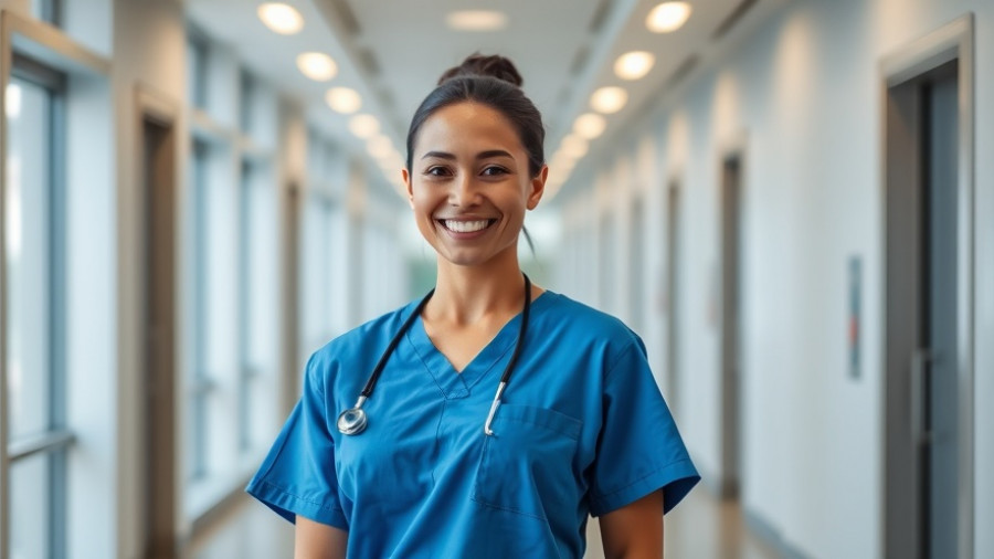 Confident woman wearing scrubs, smiling, standing in hallway.