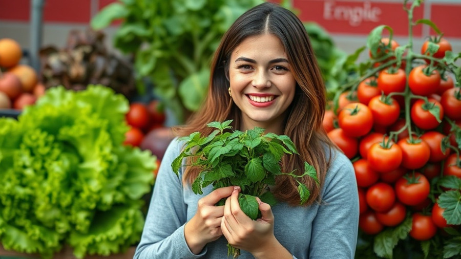 Informative banner on sustainable living with young woman and plants.