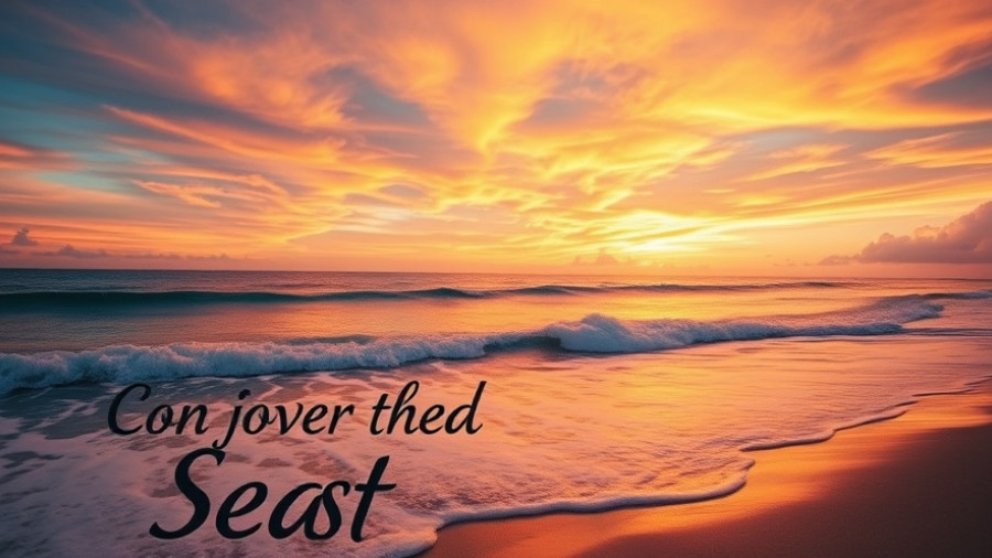 Holistic living at sunset with inspirational message over ocean.