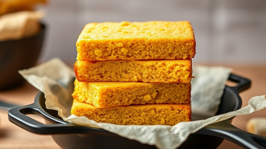 Easy Vegan Gluten Free Cornbread stacked on a skillet.
