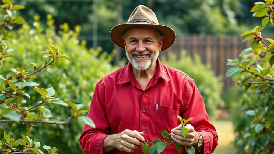 Man discussing pruning techniques for healthier plants, outdoor garden.