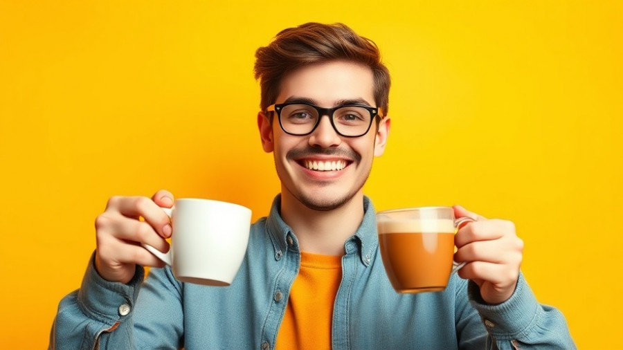 Coffee vs tea health benefits comparison with smiling young man holding cups.