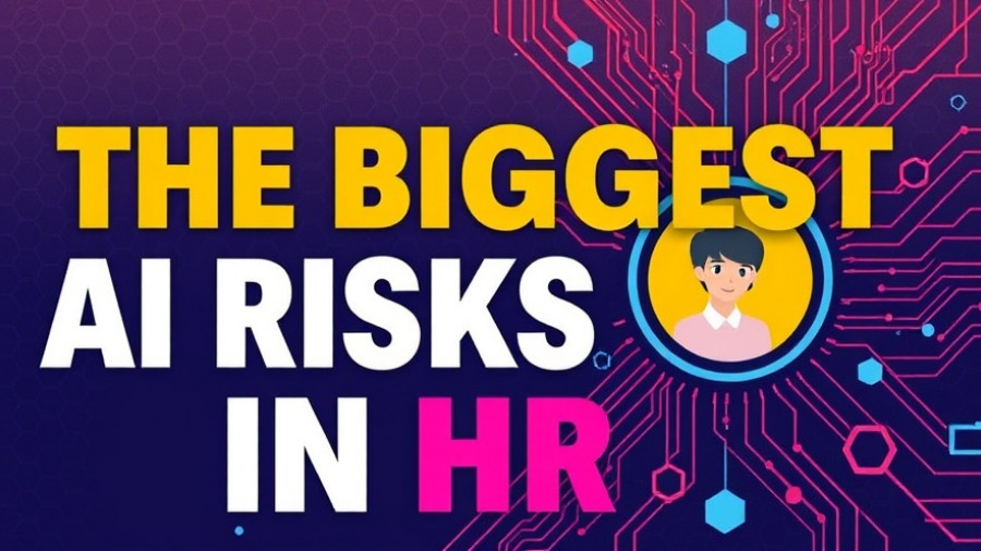 Modern infographic on AI risks in HR with bold title and digital pattern.