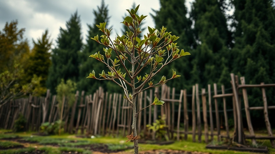 Pruning fig trees: young fig tree supported by a stake in a garden.