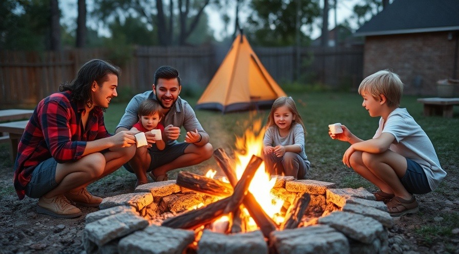 Children and parents enjoying backyard camping and making s'mores by the firepit.