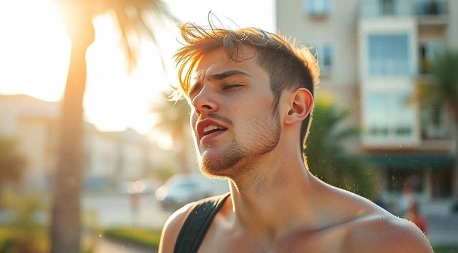 Young man sweating uncomfortably in the heat, feeling the warmth.