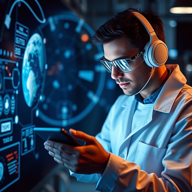 Realistic photo of a scientist exploring technology innovations.