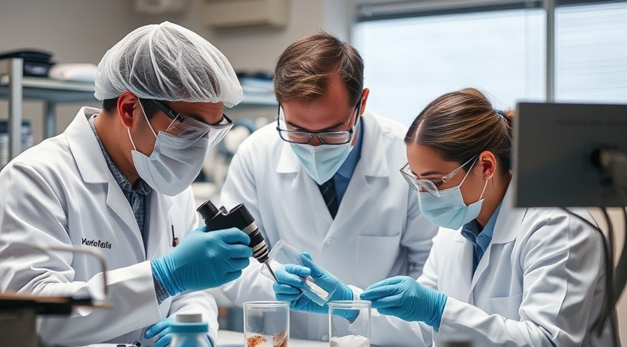 Realistic photo of a scientist team analyzing ear samples in a lab.