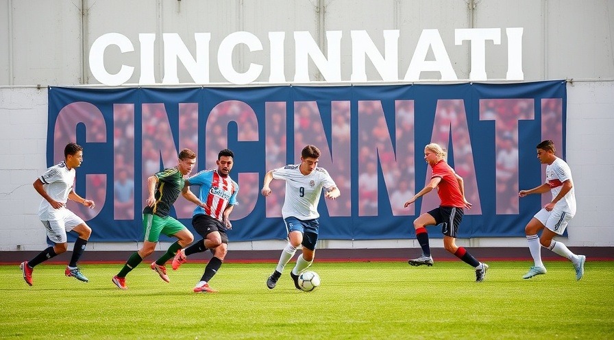 Realistic photo of 10 young men playing soccer at the World Cup in Cincinnati.