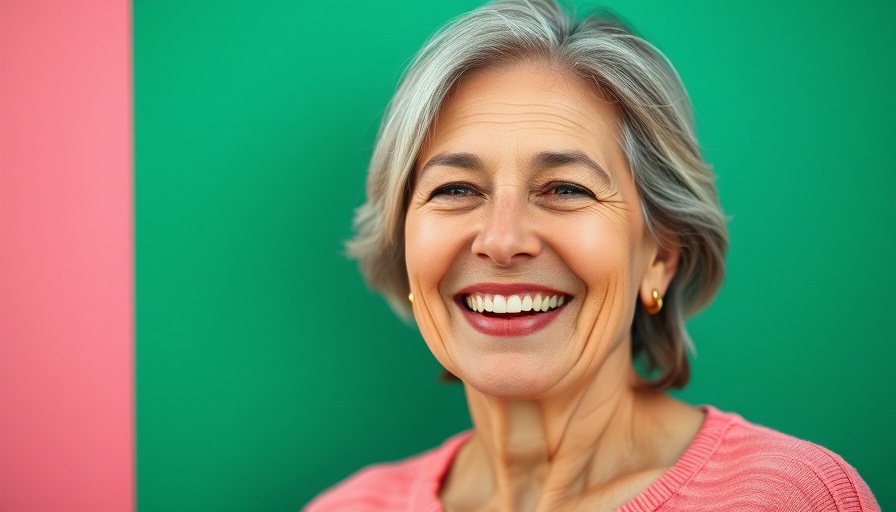 Holistic approach to perimenopause: Woman smiling against minimalist background.