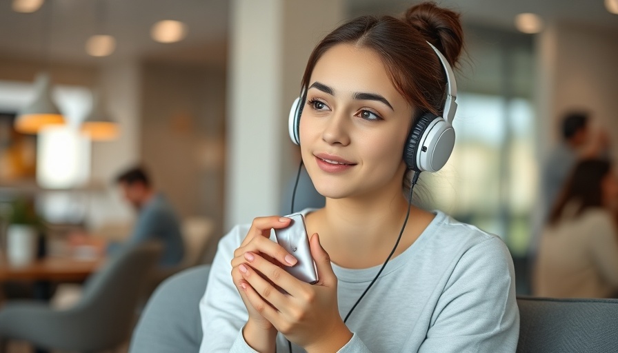 Young woman discussing Botox and Filler Self-Confidence indoors, wearing headphones.