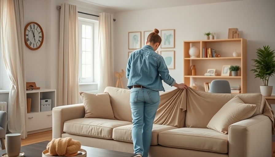 Tidy home habits, person tidying living room in casual attire.