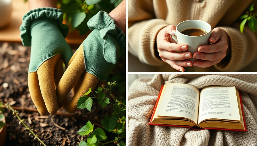 Reduce Stress for Families: collage of gardening, coffee, and reading.