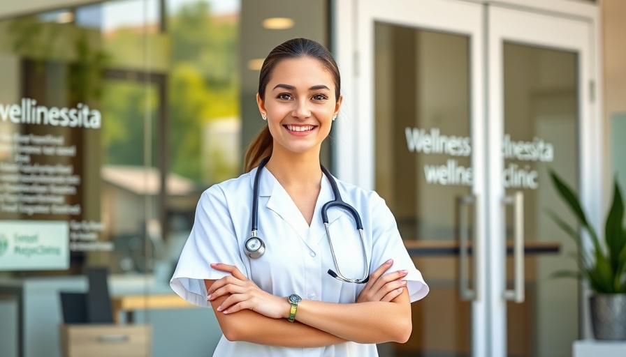 Young woman in medical attire outside wellness clinic.