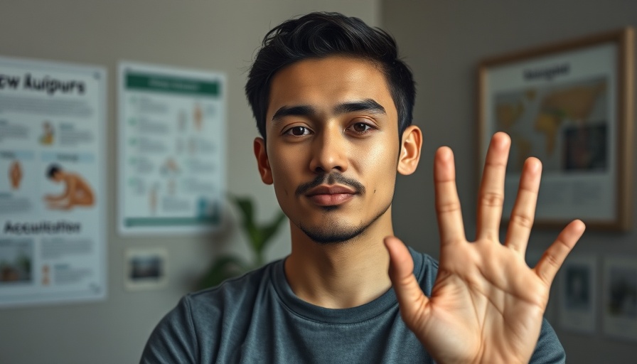 Young man demonstrating acupressure for stress indoors with instructional poster.