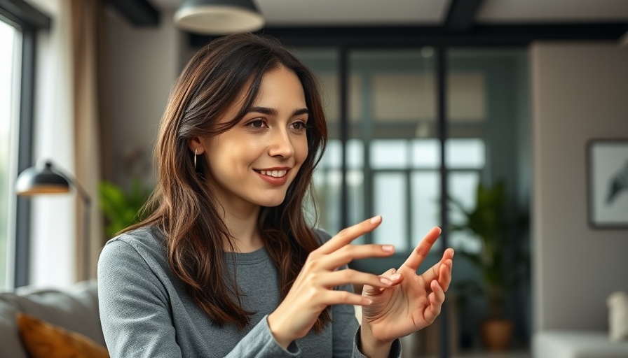 Young woman gesturing during video call, casual indoor setting.