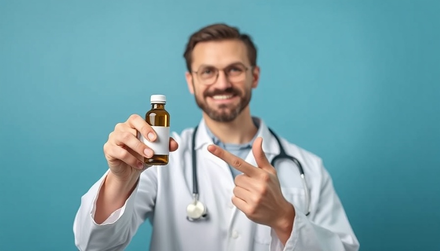 Veterinarian promoting senior dog food recipe with a bottle.