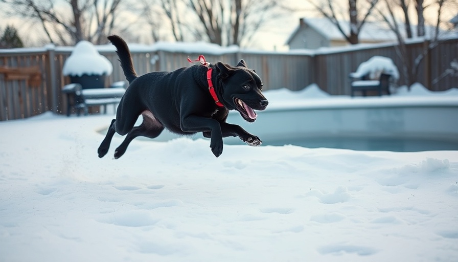 Black dog rescue scene in snowy backyard by frozen pool.