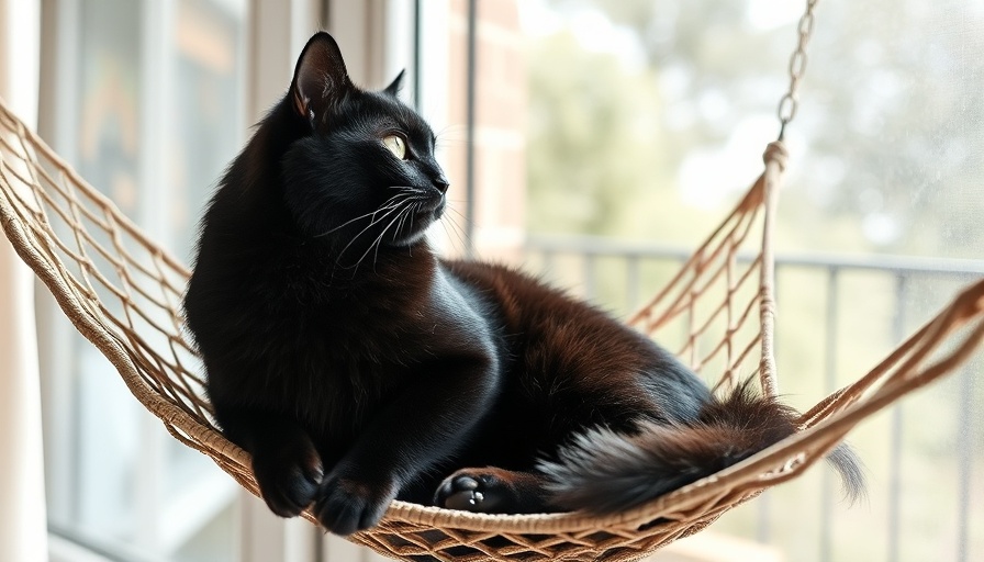 Black cat relaxing on window hammock, enjoying the view.