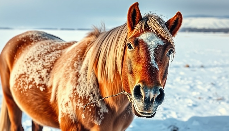 Funny horse with a twig in snowy field, animal funny pictures.