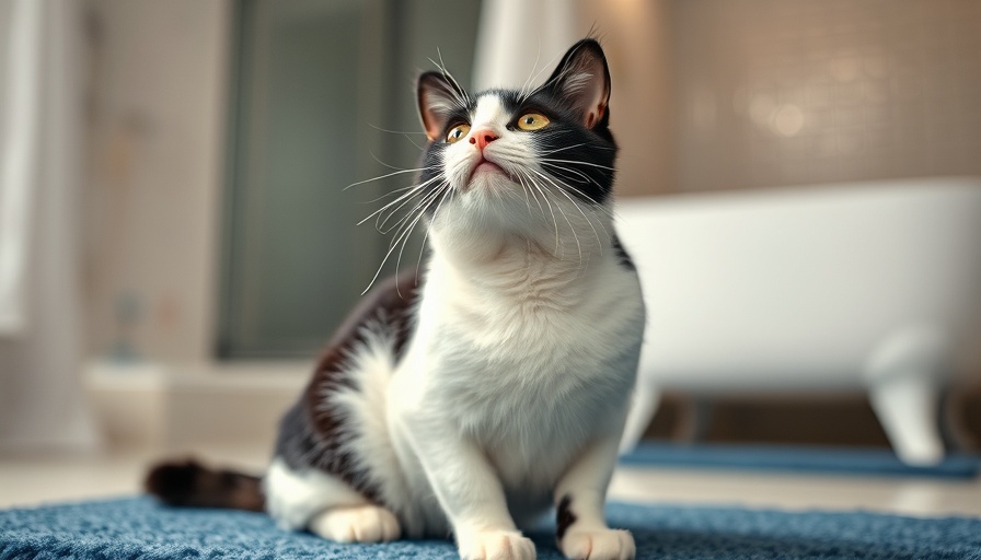 Curious cat on a blue rug in a bathroom setting.