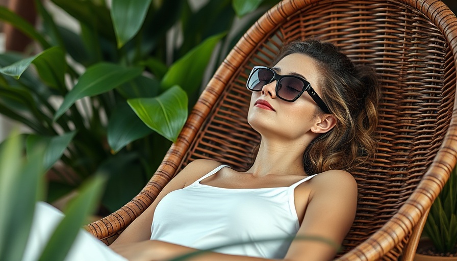 Relaxed woman on a lounge chair with sunglasses, indoor setting.
